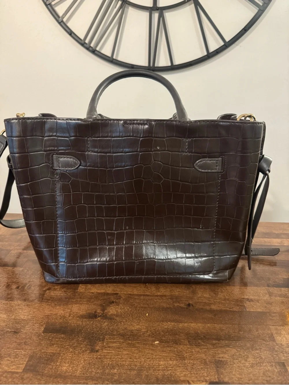 Michael Kors Dark Brown Croc-Embossed Leather Satchel with Gold Hardware